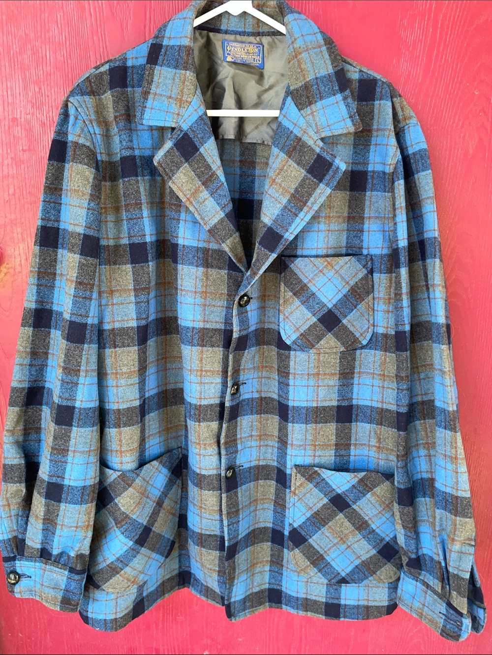 Pendleton vintage gorgeous Blue & gray Plaid Wool blazer Shirt Jacket leather